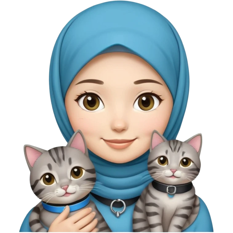 Asian White girl wearing cute hijab holding a black grey tabby cat while smiling. The cat is wearing a blue collar emoji