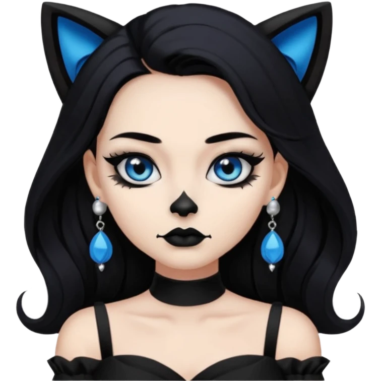 A girl with long black hair and blue eyes, black eyeshadow, black cat eye liner, mascara, and black lipstick,and black skull earrings. Also a black sexy dress   emoji