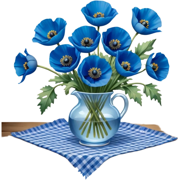 A lush bouquet of bright and bold blue poppies with a warm color ribbon, resting on an antique wooden table, with a pale blue plaid pattern table cloth, still life. 4k, dpi 300 emoji