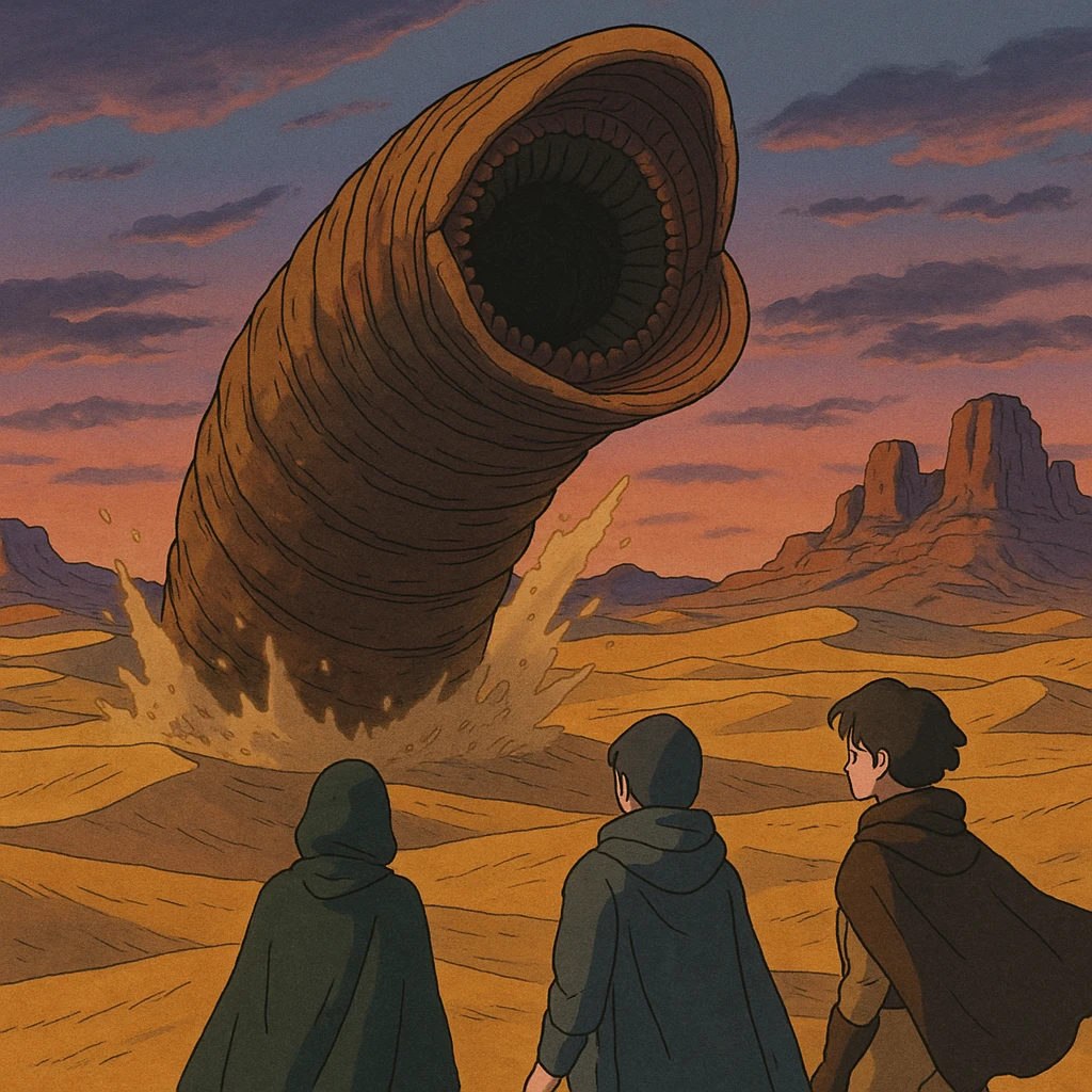 Arrakis planet from Dune, with a sandworm bursting out of the ground in the midground, three people standing in the foreground, rock formations in the background, and a dusk sky, in a Ghibli animation style emoji