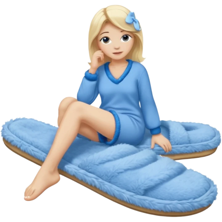 blonde woman wearing comfy lounging outfit, blue fuzzy slippers on her bare feet emoji