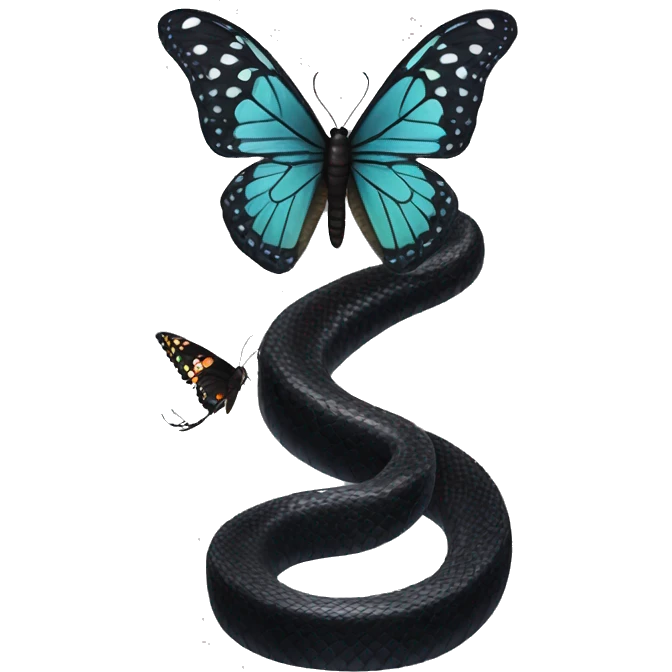 a black snake breaking off and turning into a butterfly emoji
