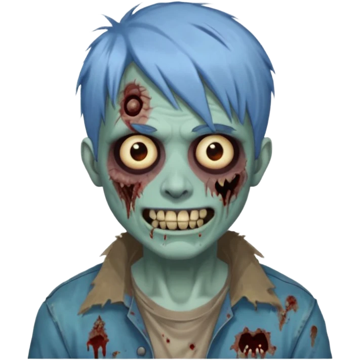 я мужчина, цвет волос пепельно синий, стрижка как у футболиста Yamal сделай меня в стиле зомби и ещё сделай с Улыбкой крутой и поменяй стрижку больше объемной зделай, и чёлку не на бок а прямо и зделай больше урагана на волосах emoji