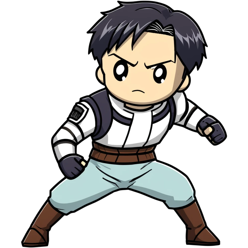 Levi Ackerman from Attack on Titan in battle stance with ODM gear, black undercut hair, serious expression emoji
