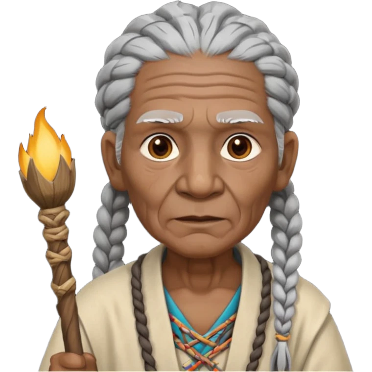 An elderly tribal leader with gray braids, wooden staff, and warm wise eyes.
 emoji