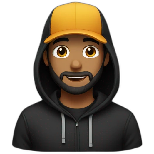 A guy wearing a black hoodie and a black cap He has a beard emoji