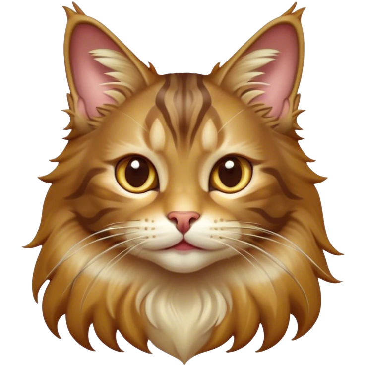 Cinematic Cute Maine Coon Cat Portrait Emoji, Head tilted playfully and inquisitively, sleek brown, gold, and cream tones, Simplified yet adorable features, highly detailed, glowing with a warm, friendly glow, high shine, curious and affectionate, stylized with a touch of whimsy, bright and alert, soft glowing outline, capturing the essence of a mischievous yet loving kitten, so endearing it feels like it could pounce out of the screen and play with its fluffy tail swishing! emoji