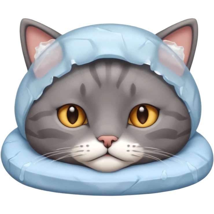 sad cat lying in bed, with ice pack on head emoji