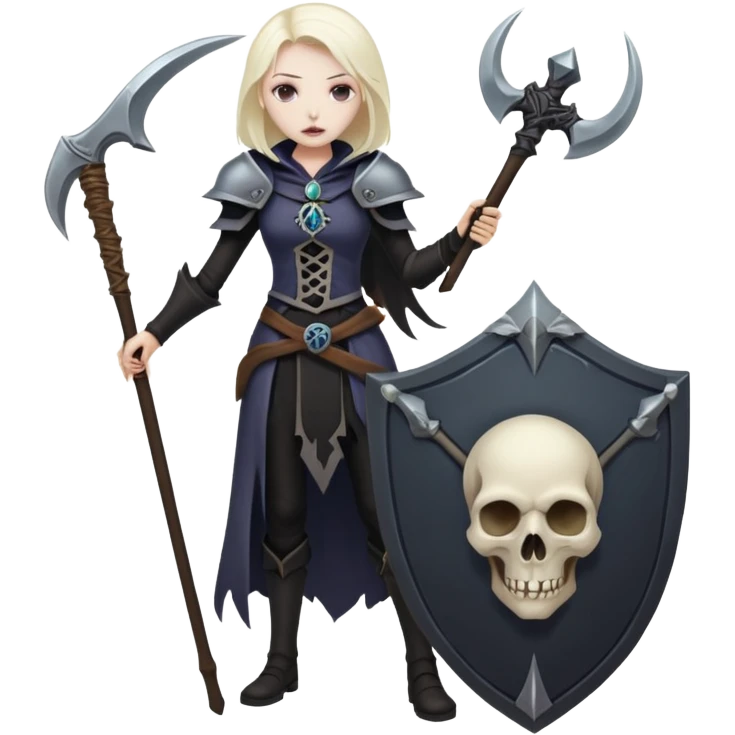 Necromancer girl with scythe and shield, in front of a dead mage emoji