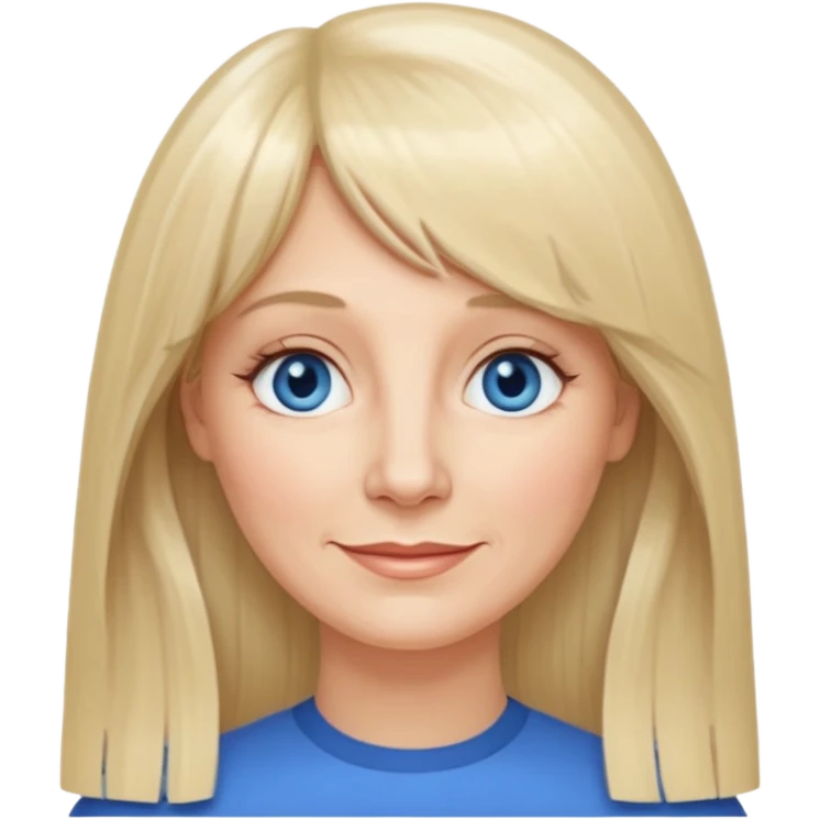 50 yr old white woman, curtain bangs, very long straight blond hair, oval face, small smile, blue eyes, thin face, hair down to elbows, round cheeks, pale emoji