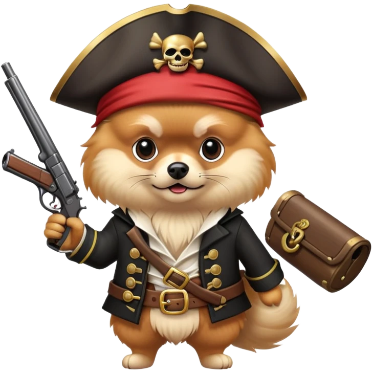 Dangerous handsome Pomeranian pirate holds a gun emoji