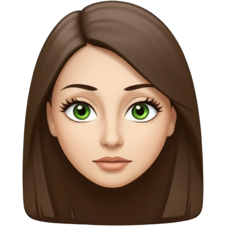 40 year old Adult woman avatar, light skin tone, long, oval face, long straight ashy brown hair, green almond-shaped eyes with dramatic eyelashes and minimal eyeliner, neutral mouth, medium straight eyebrows, small nose, smooth skin emoji