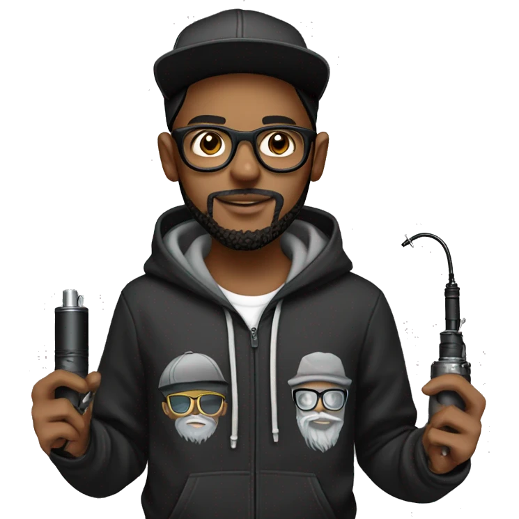 black cap, hoodie, beard and glasses boy holding tattoo machine emoji