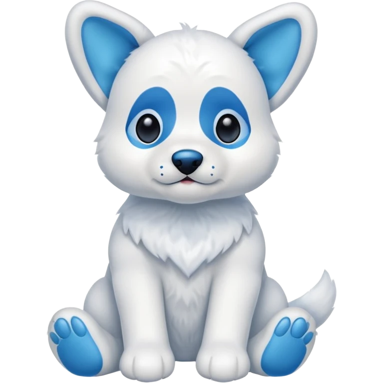 A stuffed animal dog with a blue nose white ears with blue inside the ears blue feat emoji