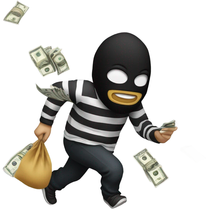 Robber running away with striped shirt and black mask, holding a money bag with some slips behind of cash emoji