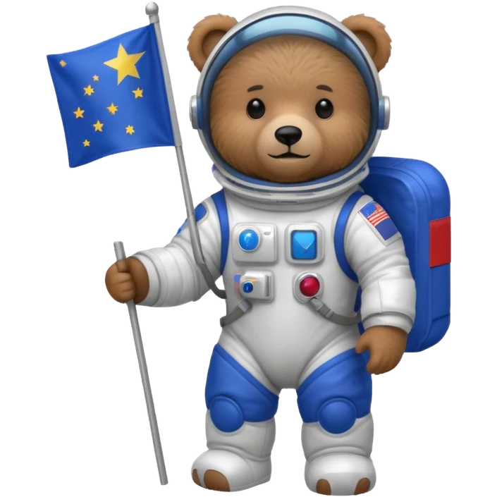 Brown bear in space suit, holding blue rectangle flag emoji