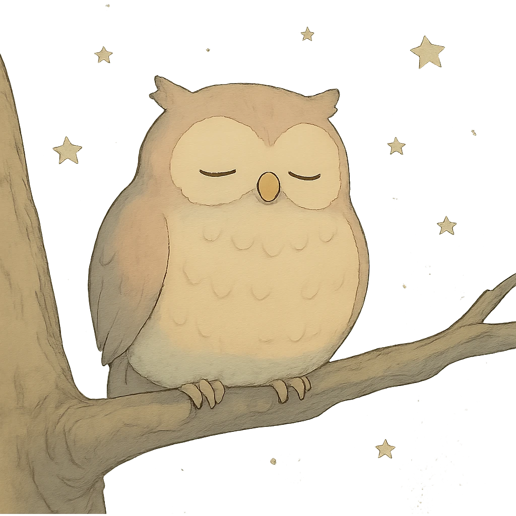 sleepy owl on a tree branch with stars, muted night palette, soft pastel colors, transparent background, ghibli style emoji