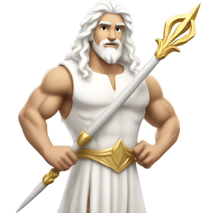 white Poseidon with gold Trident. long white hair white dress. show biceps muscle emoji