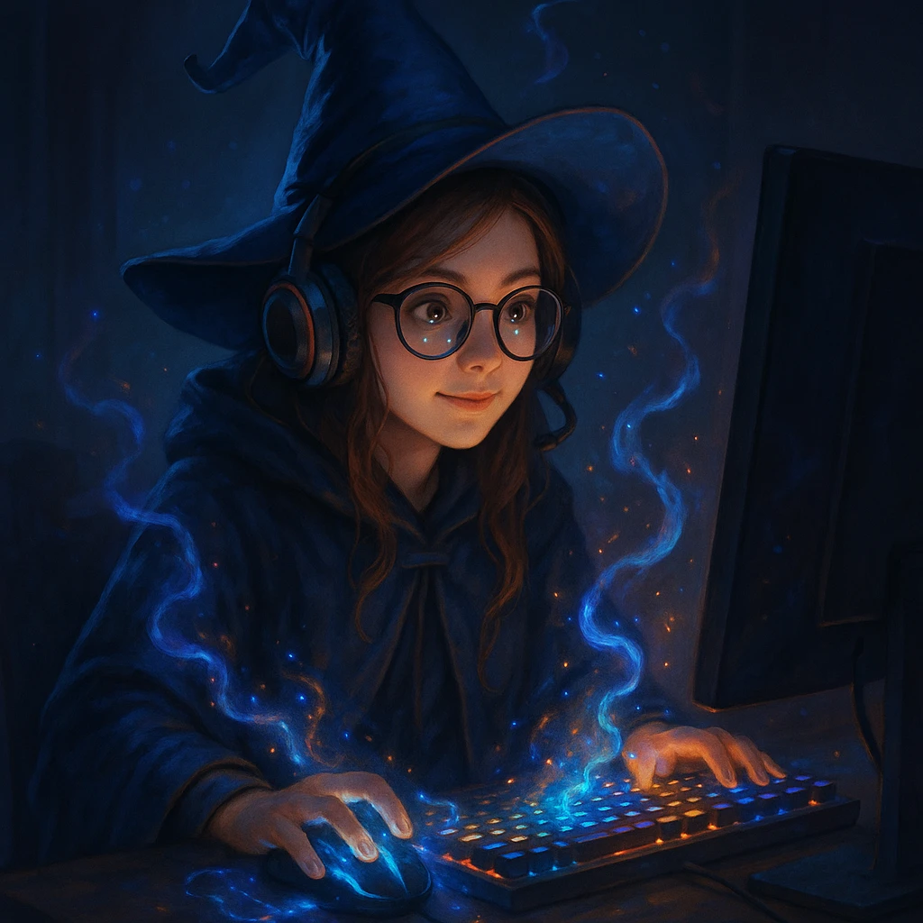a girl dressed as a wizard, sitting in front of a computer with glowing magical effects, wearing a wizard robe and gamer accessories emoji