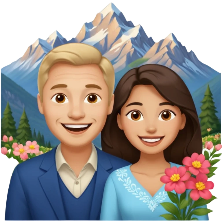 Couple  laughing traveling russian man and elegant  Latina girl delicate flowers and mountains in the background  emoji
