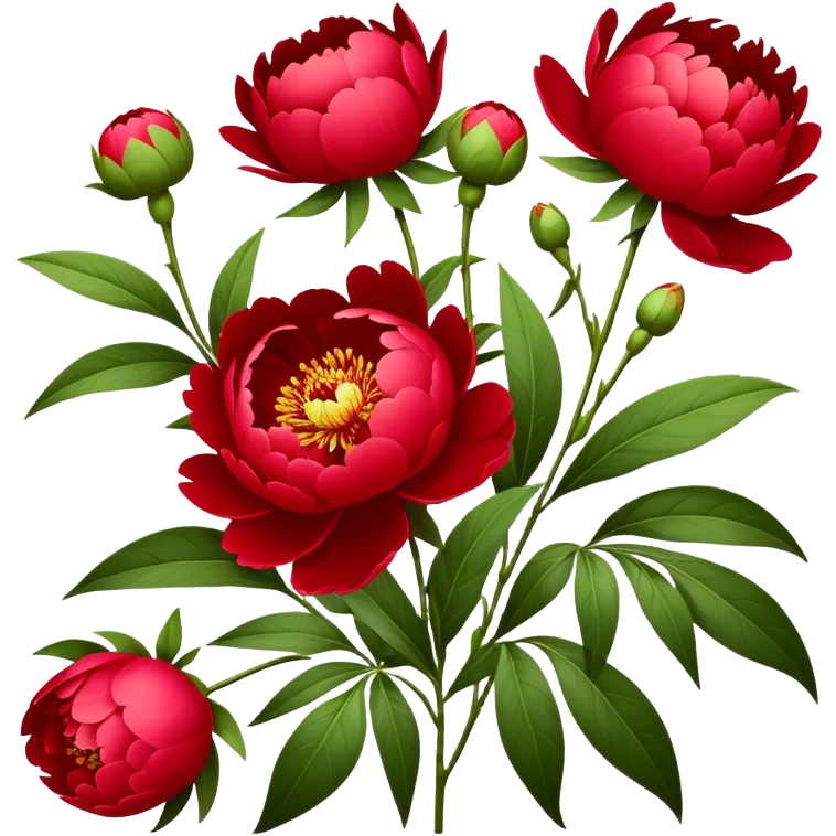 bouquet red Peony, luxuriant, stem, leaf, bud emoji