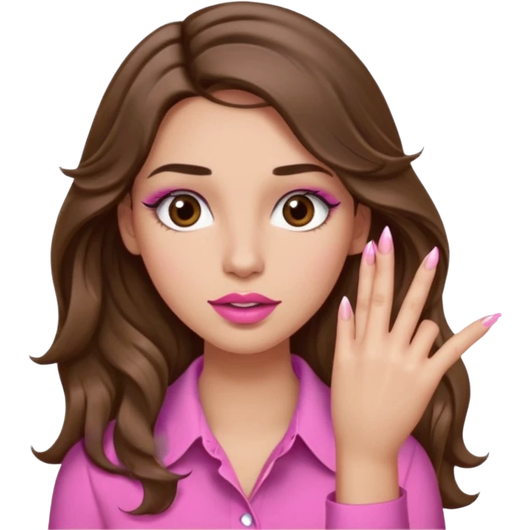 girl with long wavy brown hair, brown eyes, light to medium complexion, in a pink shirt, pink lips, long lashes, puckered lips,  showing  long finger nails emoji