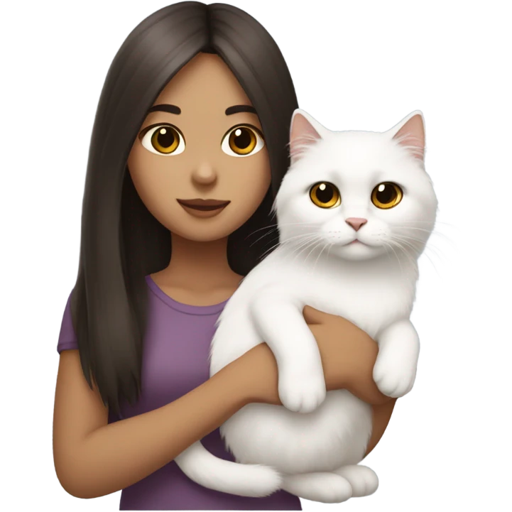 Dark brown straight hair girl with twoholding fluffy Siberian white cat  emoji