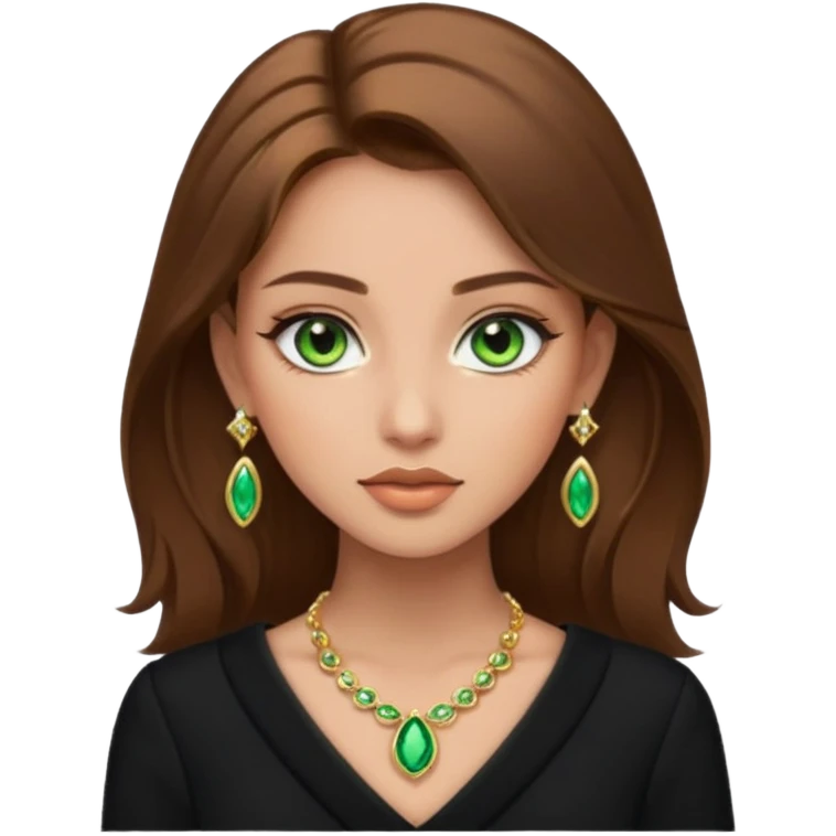 Μια κοπέλα καστανή με μαύρα ωραία ρουχα και σκουλαρίκια και κοσμήματα και βαμμένη ελαφρό και πράσινα μάτια τα κοσμήματα λίγα και χρυσα emoji
