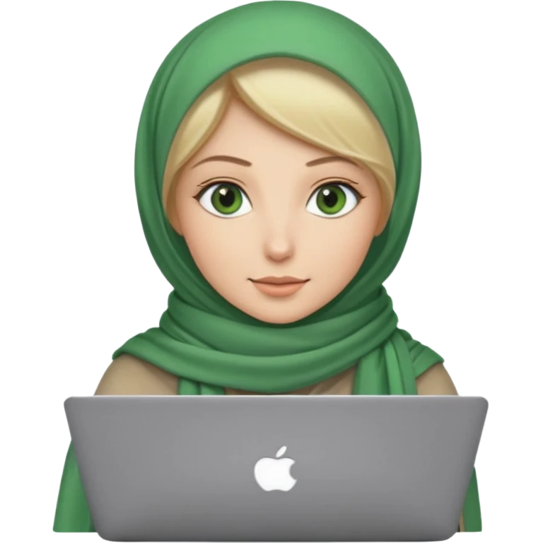 blond women skine , with green eyes , with scarf hijab ,dont show hir hair, with macbook emoji