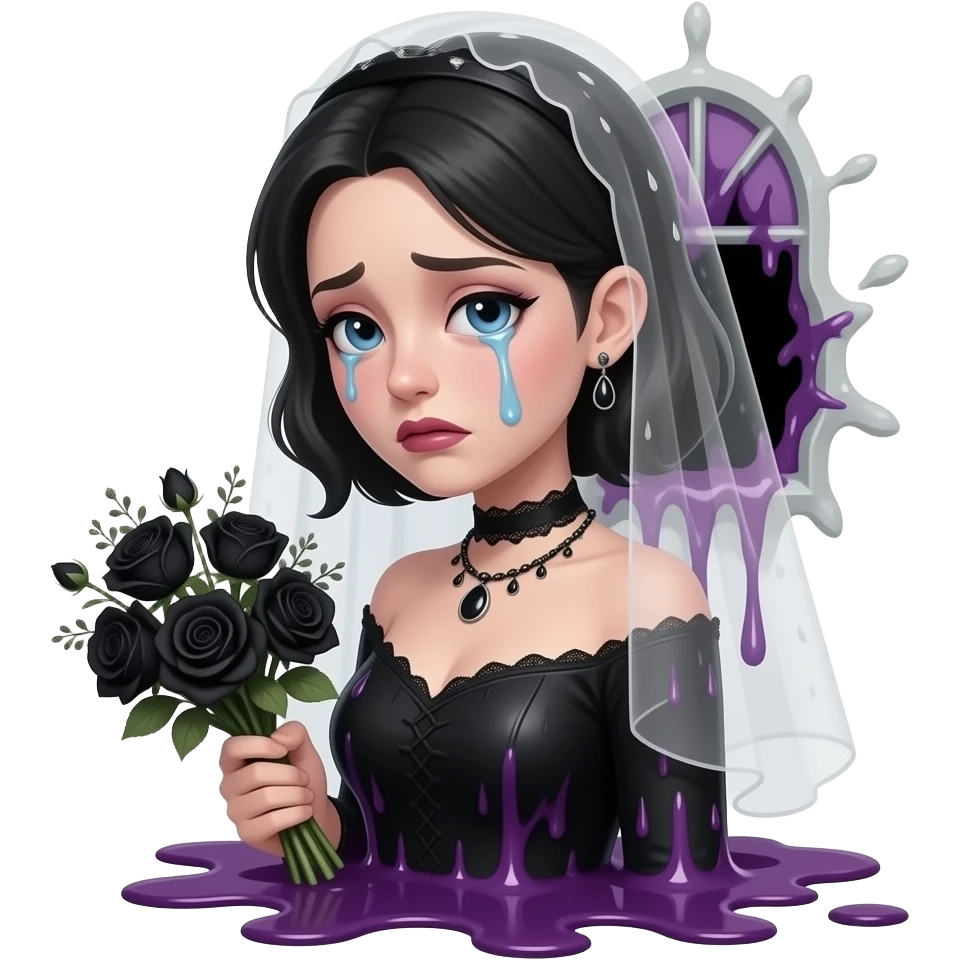 black and purple melting horror goo bride crying with a window melting behind her back holding withered black flowers bouquet emoji