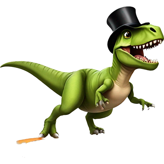 T-Rex On a trampoline back flipping while wearing a top hat emoji