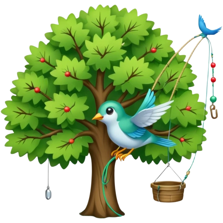 A small bird hooked to fishing line dangling from a tree emoji