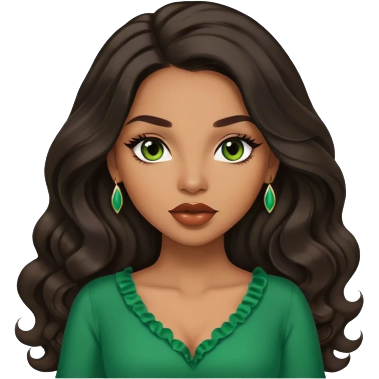 light brown skin tone, very beautiful woman, with big plump lips, long long lashes, black long wavy hair, middle hair parting, brown eyes, green dress emoji