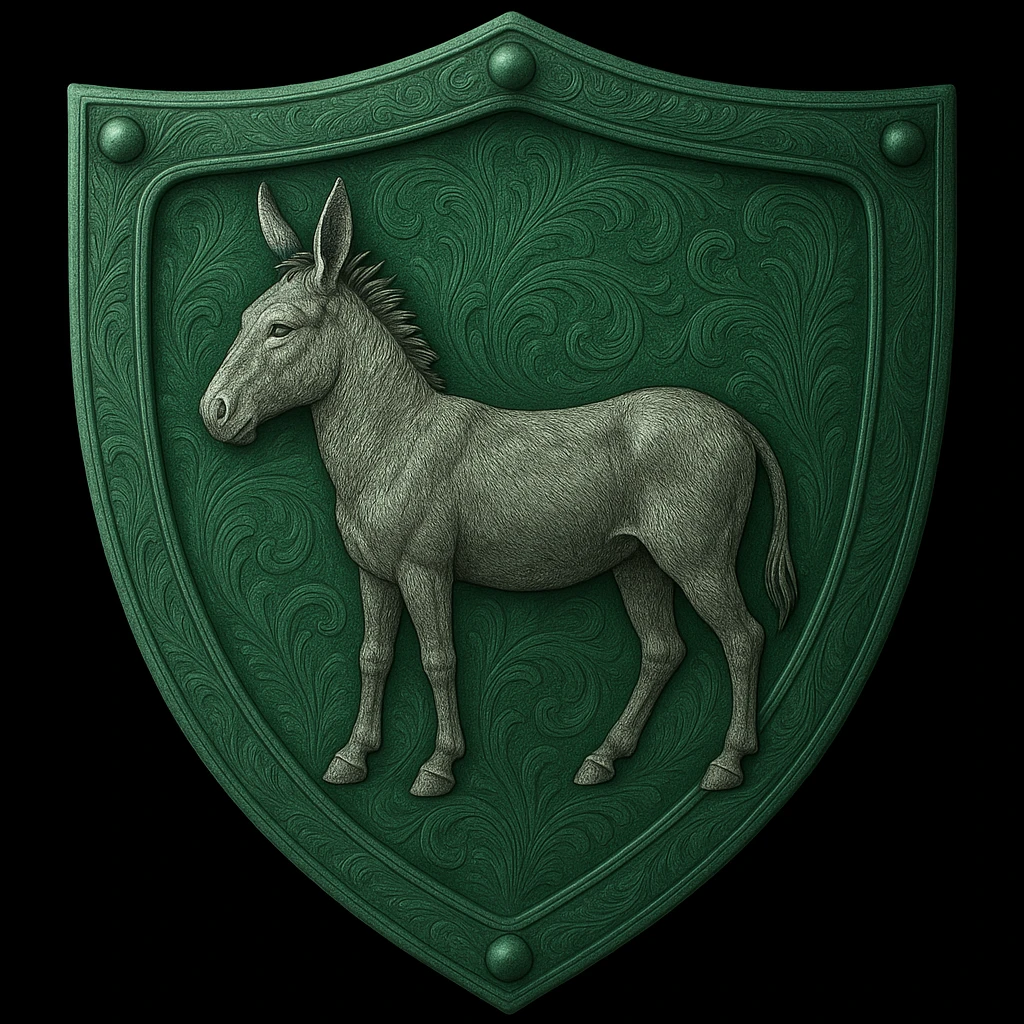 Transform the shield to an emerald color and replace the golden bird with a detailed donkey in a similar heraldic pose, keeping the ornate style and metallic look. The style should maintain the ornate and metallic heraldic appearance as in the original image. emoji