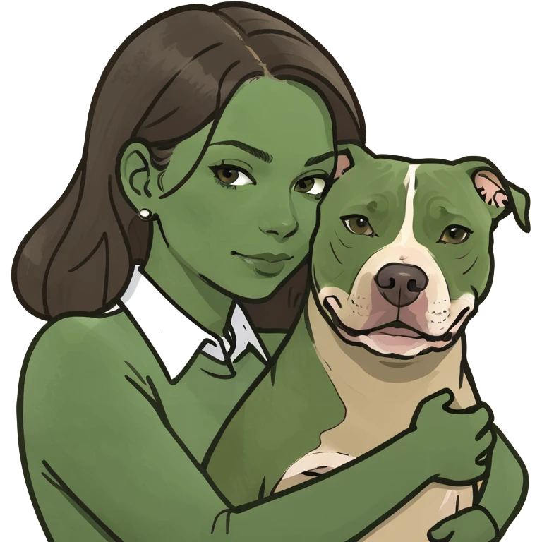 White brunette woman hugging one beige pitbull emoji