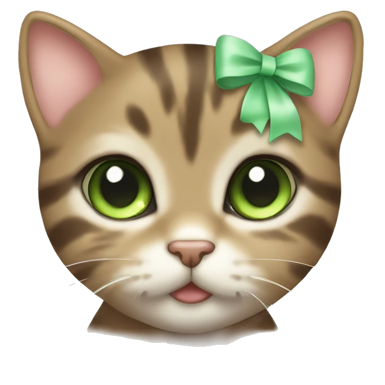 kawaii brown tabby kitten with green eyes and pastel green bow emoji
