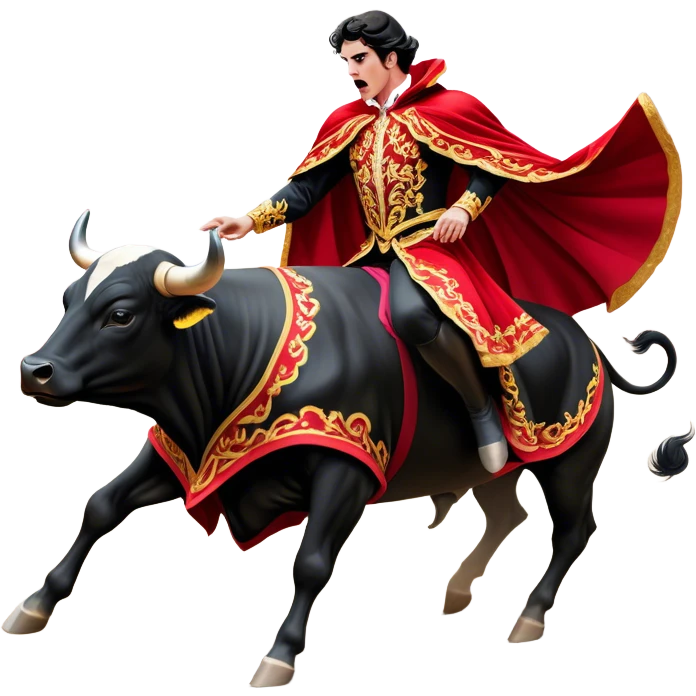 ​Cinematic Realistic Spanish Matador in Action, depicted in an ornate traje de luces with a flowing red cape, captured in the dramatic moment of confronting a charging bull in a traditional bullring, rendered with dynamic motion and dramatic lighting that encapsulates the intensity and artistry of the spectacle, emoji
