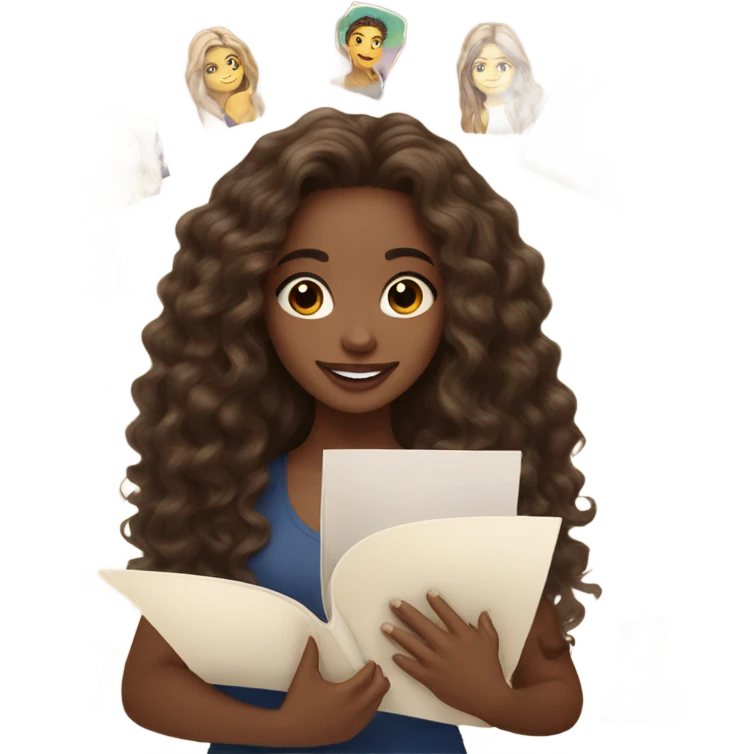 light skinned fair girl with long, wavy, dark brown hair and brown eyes, holding a journal, surrounded by a vision board emoji