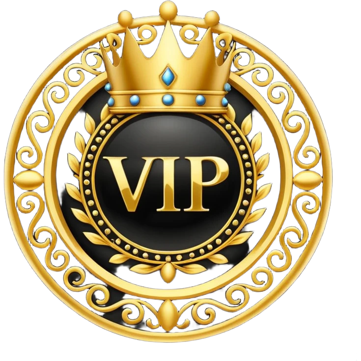 Luxury black and gold circular logo-style emoji, with ornate golden swirls, royal crown on top, bold text in center, glowing golden edges, premium VIP style, dark glossy background, looks like a high-end Telegram bot badge or emblem, no faces, with the text 'VIP24.CC BOT' in golden bold letters emoji