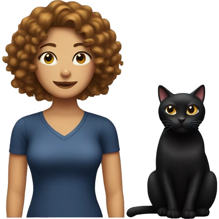 black cat with a woman with curly hair behind her emoji