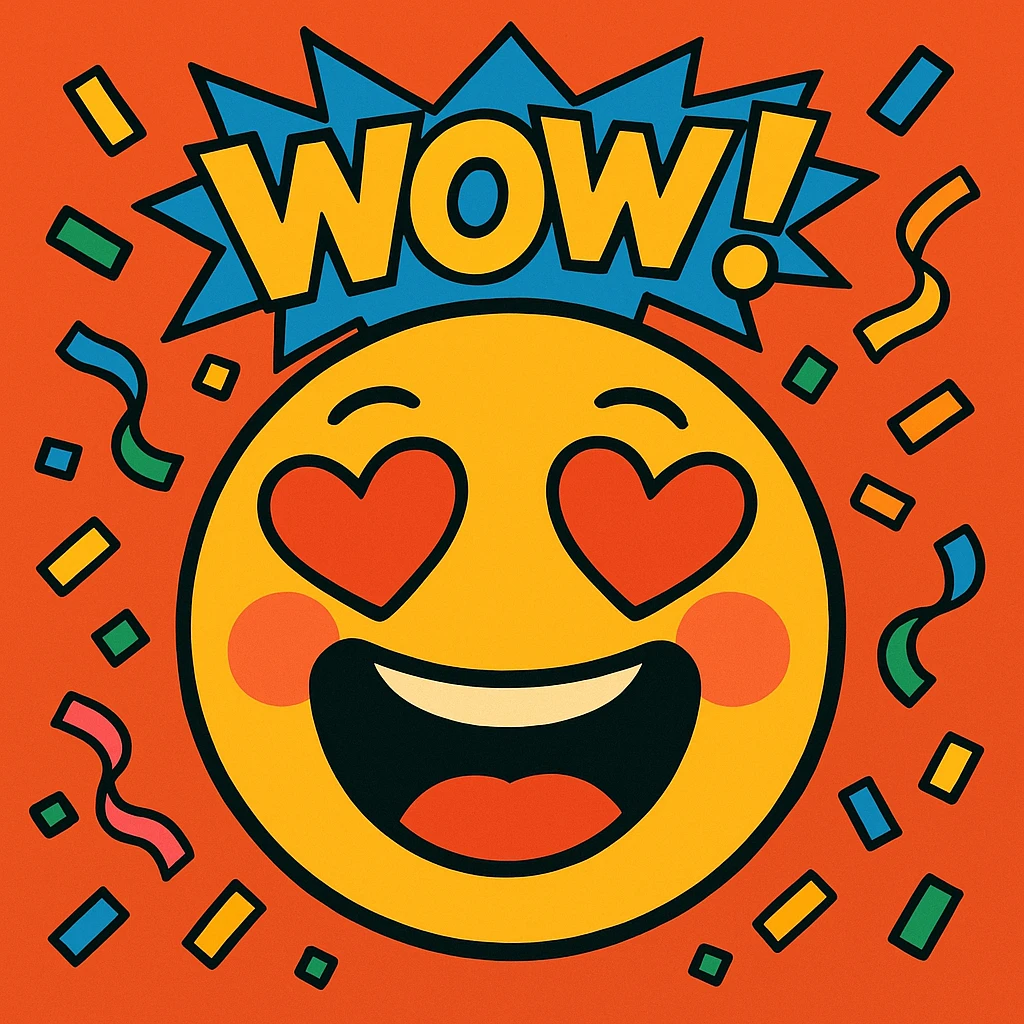 Add confetti and a comic-style 'WOW!' text to the vibrant toon face with heart eyes, eyes closed, big open-mouthed laugh, blushing. emoji