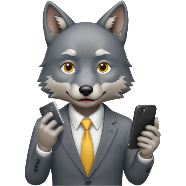 wolf in business attire with worried expression and phone, emoji style emoji