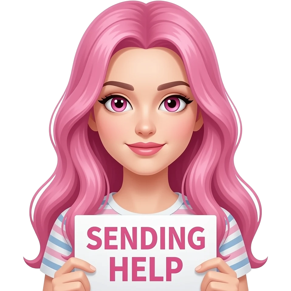 sexy girl with long pink hair and pink eyes wearing a holding a SENDING HELP sign emoji