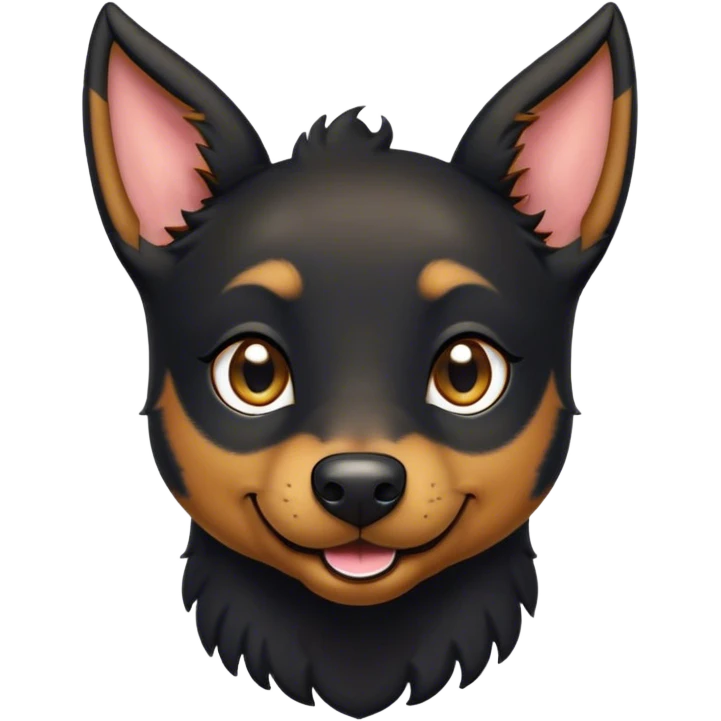 Cinematic Comical Black and Tan Kelpie Portrait Emoji, Head tilted dramatically with an exaggeratedly amused expression, featuring a striking black Fur with bold tan patches, wide, expressive dark eyes filled with playful disbelief, Simplified yet hilariously expressive features, highly detailed, glowing with a slightly sassy glow, high shine, dramatic yet playful, stylized with an air of cheeky mischief, bright and endearing, soft glowing outline, capturing the essence of a spirited and over-the-top herder, so meme-worthy it feels like it could side-eye its way into internet fame instantly! emoji