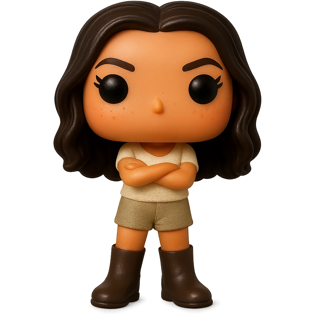 Enhance the image quality with smooth golden peach skin and a healthy glow, dark hair with subtle auburn highlights, dark greige leather boots, textured clothing (cream top, greige bottom), arms crossed, rosy cheekbones, very subtle freckles, no neck visible, eyebrows with a mischievous and playful expression, no mouth, transparent background. Maintain the original style and details from the reference image. emoji