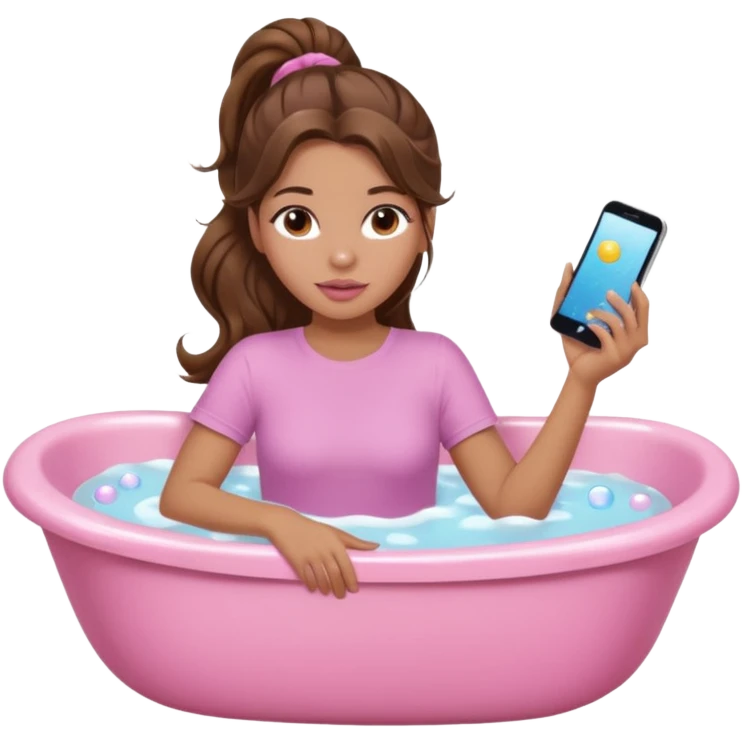 girl with wavy long ponytail brown hair, brown eyes, light to medium complexion, long lashes, light pink lipstick, wearing light pink shirt, lying full body in a bathtub with bubbles emoji