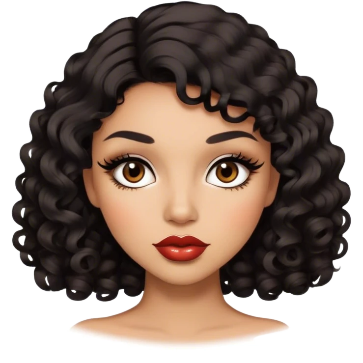 Glamourous, light brown skin tone, very beautiful woman, with big plump lips, long long lashes, black curly smooth short hair, brown eyes emoji