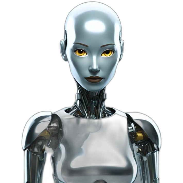 Create a bald female robot in chrome metal color in a futuristic environment emoji