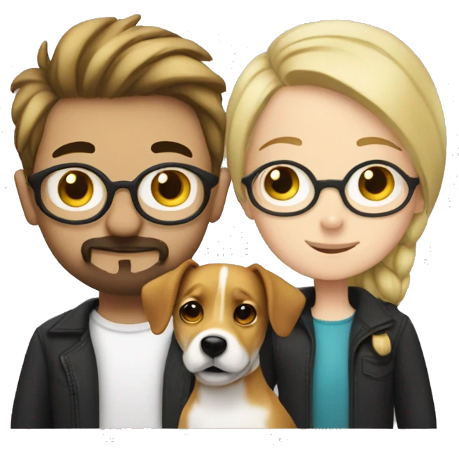  blonde girl without glasses and a white boy with glasses, a little Beard and moustache, both cuddling a jack Russell emoji