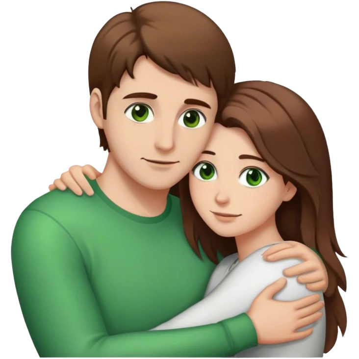 white couple with brown hair, man has short hair and brown eyes. woman has long hair and green eyes .they’re hugging each other  emoji